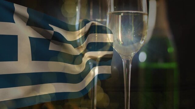Focus shift initiating Greek flag rippling and champagne flute sparkling, creating festive scene