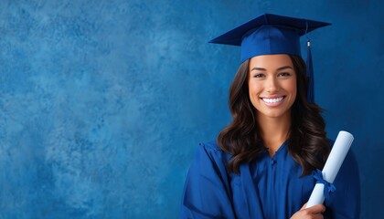 Joyful Woman Who Recently Completed Studies Posing Proudly With Her Academic Certificate Against A Vibrant Blue Background.