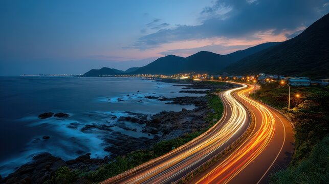 Dusk view: winding coastal road, car light trails, city lights, glowing ocean. Ideal for showcasing travel, speed, motion, and unique coastal phenomena.