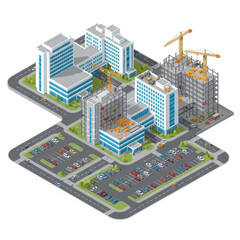 Isometric illustration of a city block with buildings under construction and parking lot.