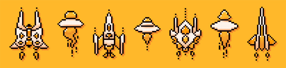 Obraz premium Collection with pixel spaceships and UFOs. 8-bit yellow and white elements.