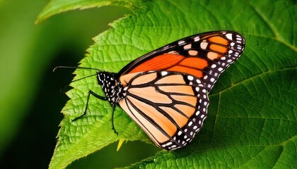 Obraz premium Monarch butterfly resting on a vibrant green leaf in nature.