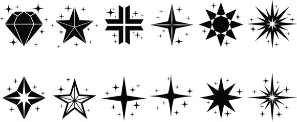 Black sparkling star and diamond silhouette icon set featuring magic twinkles, glitters, shines, and decorative glowing light bursts for design. © Atik
