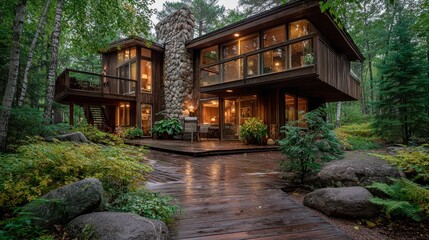 Rustic modern cabin with large windows set in lush, tranquil woods. Highlights luxury forest homes, serene escapes, or unique architecture.