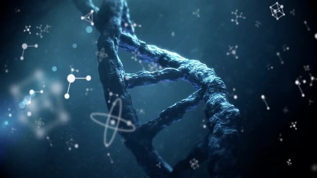 On spotlight cue 3D DNA helix rotating, camera moving close, revealing texture and molecule icons