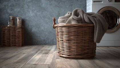 Laundry Room Scene: Wicker Basket On Floor Holding Clothes. An Image Of Cluttered Laundry In A Room With A Wicker Basket Full Of Clothes.