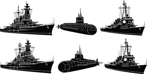 Naval vessel silhouette illustration, battleship, submarine, destroyer, military ship vector art, warship design, maritime defense, navy fleet, ocean security concept ©  Creative Crafter