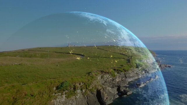 Blue globe appearing, drone camera panning as globe drifting to show coastal coverage