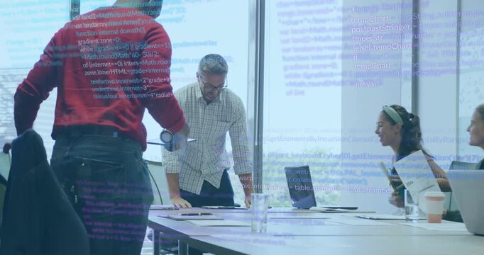 Team, newcomer placing tablet, lead arranging docs prepping business deck, code overlay drifting