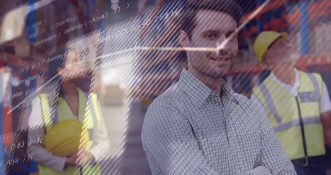 Manager smiling while team scanning warehouse racks, analytics overlays appearing, showing insight