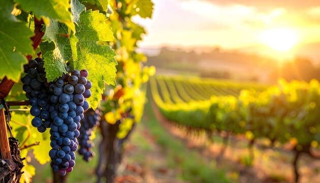 Uvas maduras colgando en vi&ntilde;edo con luz dorada de atardecer