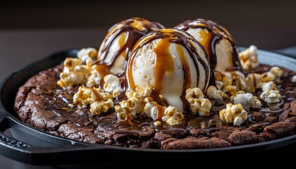 Decadent Giant Chocolate Skillet Cookies Featuring Popcorn, Drizzled With Salted Caramel Syrup, And Served With A Scoop Of Ice Cream