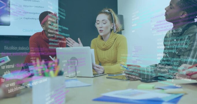 Central presenter tapping laptop, presenting UI for tech team, code overlay drifting and settling