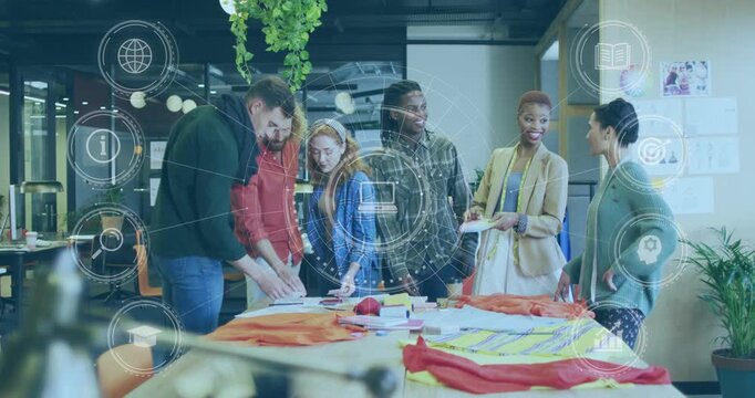 Design team meeting to finalize designs, man leaning sorting papers while HUD annotating swatches