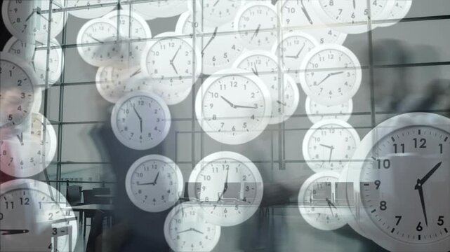 Static wide shot initiating translucent clock overlay over terminal, clocks drifting marking time
