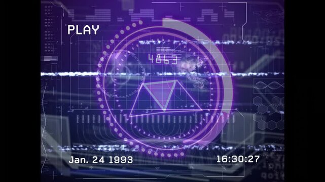 PLAY starting playback, purple HUD rotating arc changing numbers while timecode 1 or 24 or 1993 adva