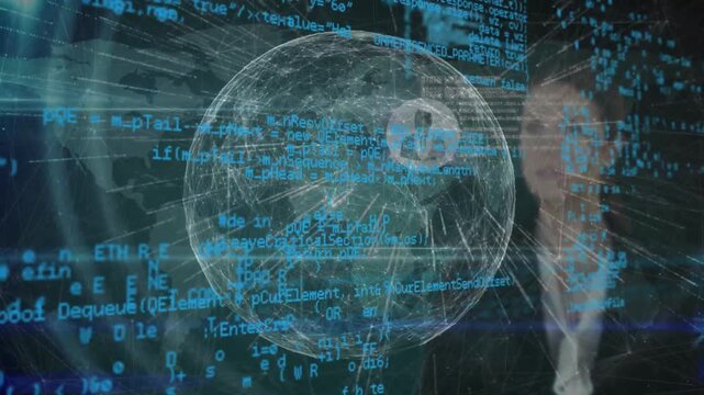 Live tech data starting holo globe, host right serving reference, code flowing and icons orbiting