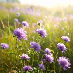 Fototapeta premium Purple wildflowers in sunlit meadow with soft focus background summer nature scene