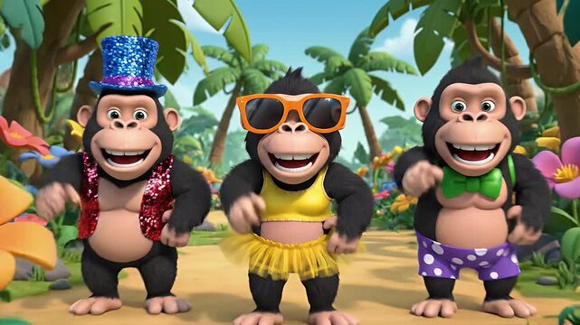 Animated Monkeys Dancing in Colorful Outfits - Three cartoon monkeys are dancing and pointing forward in a playful animation.