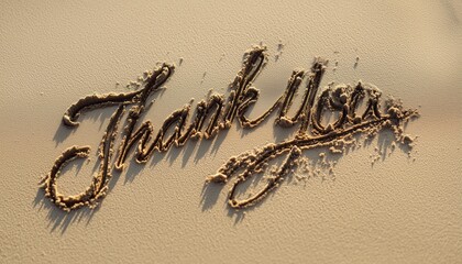 Expressing Appreciation: Handwritten 'Thank You' Message On The Sandy Shoreline Of A Beautiful Beach