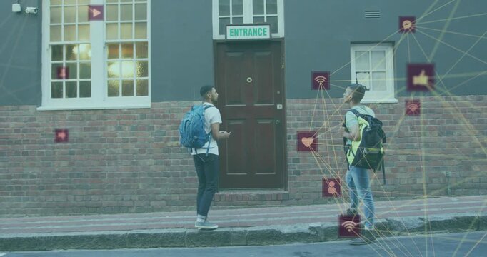 Two men walking to entrance lead man knocking to enter marketing icons overlaying companion