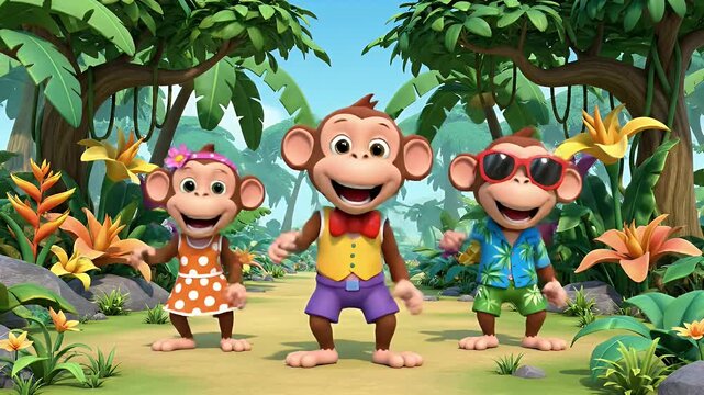 Cartoon Monkeys Dancing in the Jungle - Three cartoon monkeys are dancing together in colorful outfits.