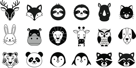 Cute animal face icons set, black and white vector collection of woodland and wild animals illustration isolated © MDTAHMID