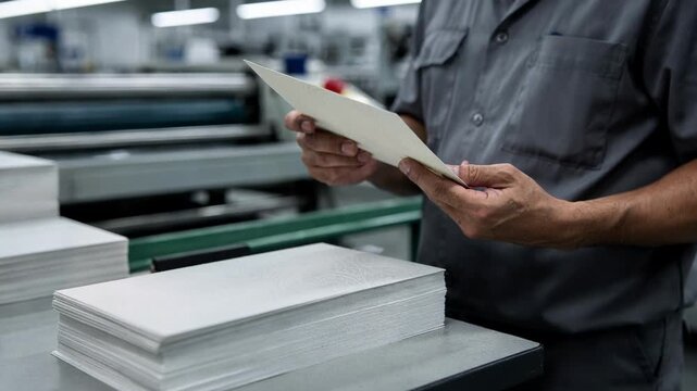 Manual inspection scene showing a person carefully flipping through greeting cards focused on texture and print sharpness blurred factory elements behind.