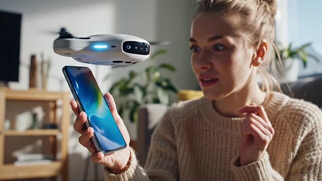 Woman with Smartphone and Hovering Robot - A smiling woman holds up a smartphone with a bright blue screen while a small white robot hovers just above it.