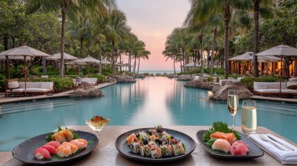Obraz premium Gourmet seafood plates and chilled beverages await diners beside a tropical infinity pool at sunset