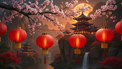 Chinese pagoda at sunset with red lanterns and cherry blossoms