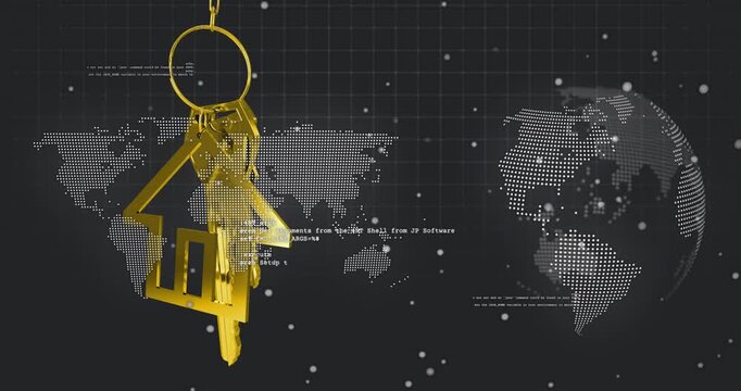 Light nudge sending gold house keyring swinging and rotating, showing global property data