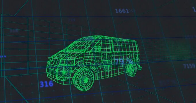 Neon-green wireframe van pulsing and rotating while numeric readouts appearing, showing diagnostics
