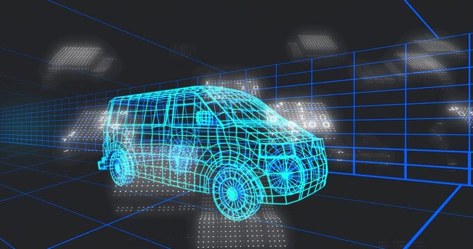 Floating panels pulsing, neon-cyan wireframe van being scanned and diagnosed inside grid chamber