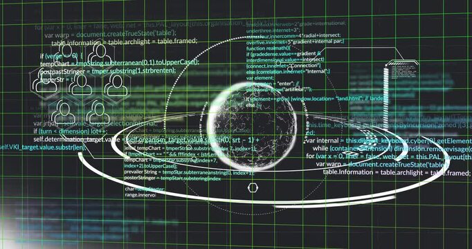 Data pulse initiating HUD, sphere expanding and rotating while code lines scrolling, showing data