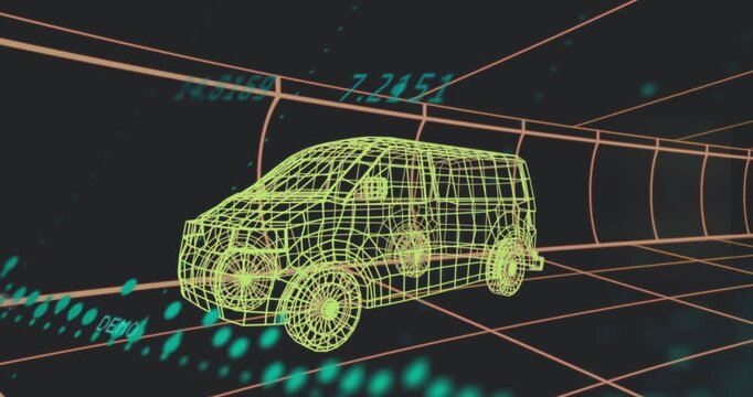 Sparse teal dots forming stream, traveling past neon-yellow wireframe van, visualizing data flow
