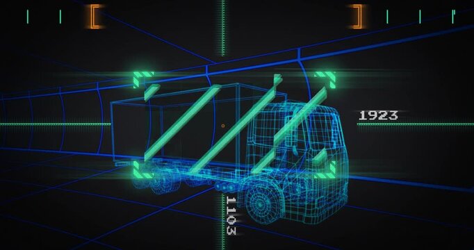Automated HUD starting scan on neon-blue wireframe truck, green probes pulsing and analyzing cargo
