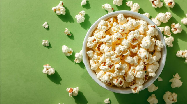 A bowl of popcorn on green background ai