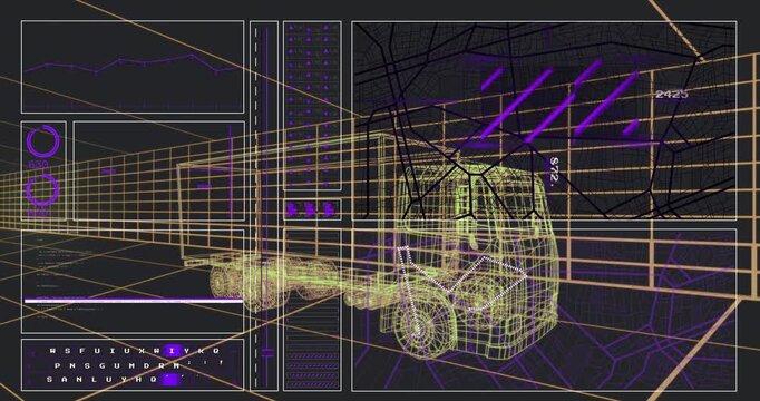 HUD panels fading in from left wireframe truck gaining polylines and readouts visualizing telemetry