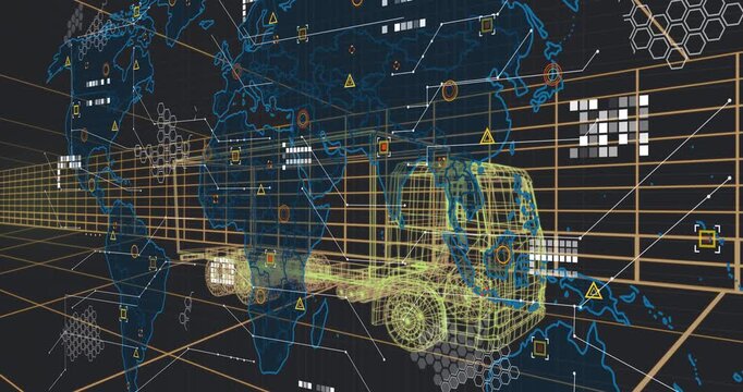 On data pulse, truck wireframe appearing as map fading while HUD icons linking for global tracking