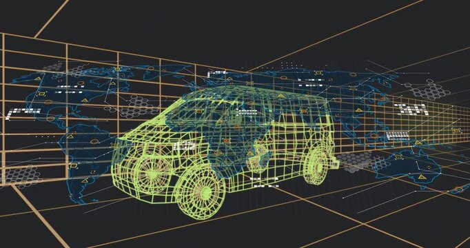 Neon wireframe van staying static while blue map appearing and UI layers growing, showing analytics