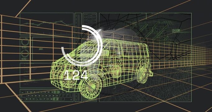 Smoke appearing above neon wireframe van causing HUD rotating CW, numeric 39-155-5 showing status