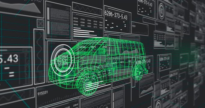 Green wireframe van getting scanned while circular HUD appearing and pulsing, updating telemetry