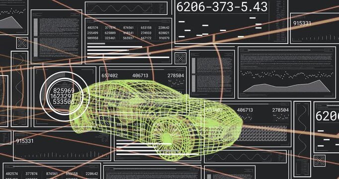 On scan command HUD scanning neon-green wireframe car, panels updating to complete scan cycle