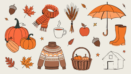 Hand drawn doodle vintage autumn harvest themed vector illustration set