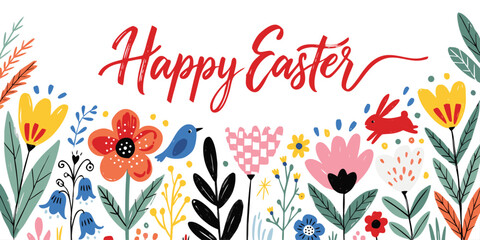 Modern abstract flowers and leaves background with Happy Easter greetings and bunny. Springtime frame. Poster, Easter, Womens Day, Mothers Day, March 8, birthday, children’s art workshops.  © Fatema