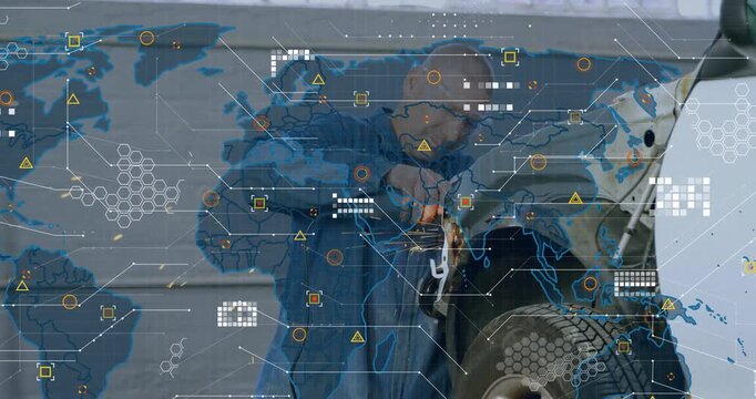 Auto tech starting grinder grinding fender repairing, world-map HUD overlay partly obscuring him