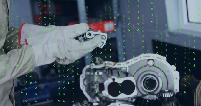 Mechanic picking up part, rotating and checking gear fit for repair on bench with binary overlay