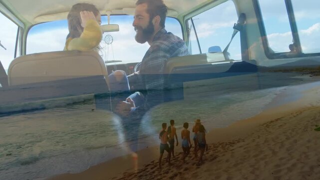 Overlay activating blending beach over van while pair fixing hair smiling group walking for trip ad