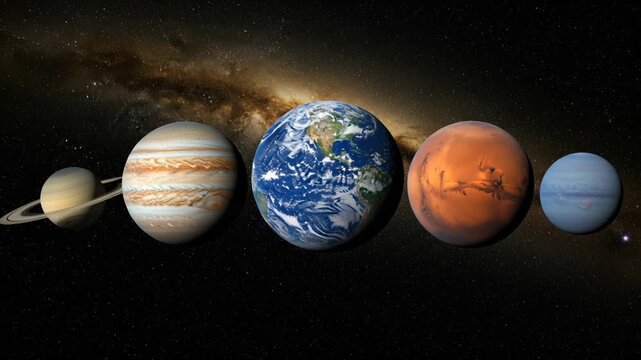 Planets of the solar system lineup against the milky way galaxy